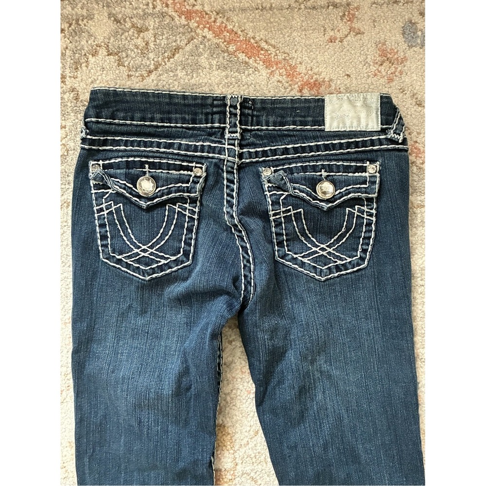 L.A. Idol USA Heavy Stitch Flare Jeans Low Rise Dark Wash Y2K Western Size 5 - Picture 8 of 8